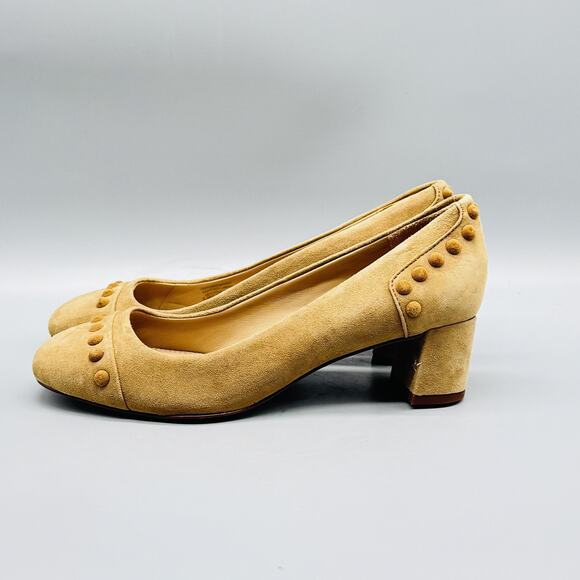 Tory Burch Shoes Womens 5.5 Beige Suede Pumps Colt Studded Round Toe Block Heels - Picture 4 of 11